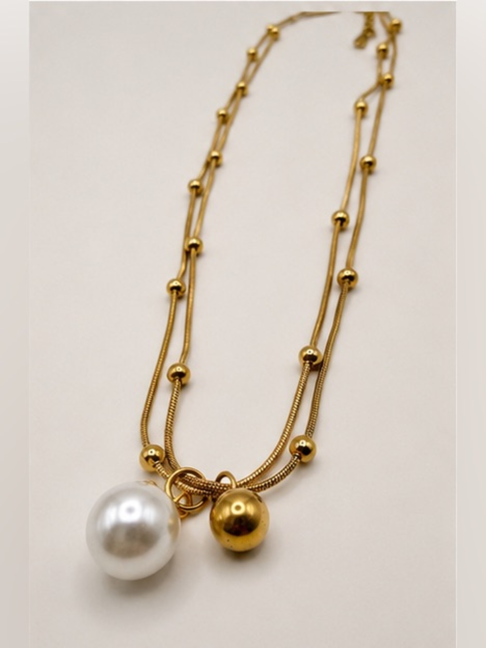 Gold Stainless Steel Double Layer Pearl Pendant Necklace Dainty